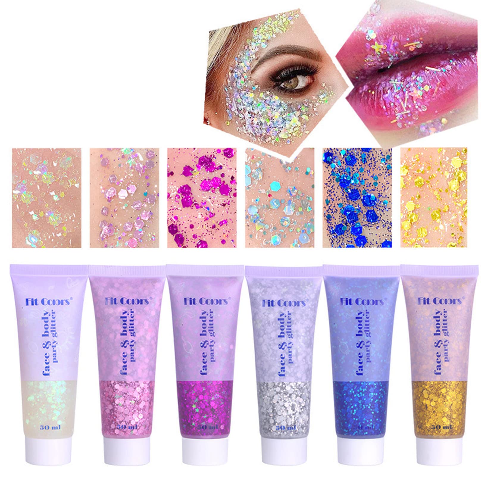 Body Glitter Gel, MKNZOME 6pcs Face Glitter Hair Glitter Festival Accessories Mermaid Sequins Holographic Glitter Gel Chunky Glitter Makeup for Face Body Hair Nails