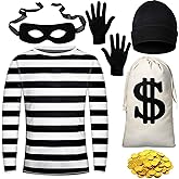 Halloween Robber Costume Set, Include Striped Long Sleeve T-Shirt Knit Cap Gloves Canvas Bags, Eye Mask and Gold Coins (X-Small)
