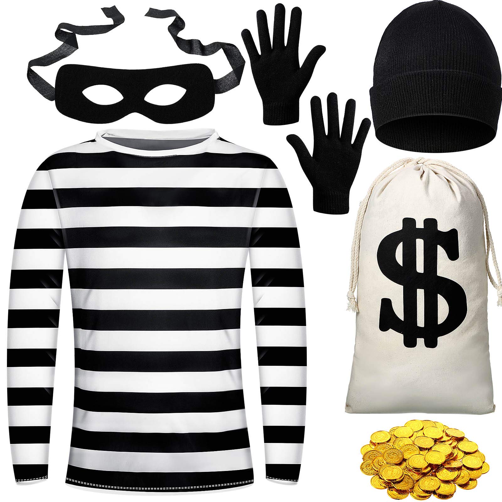 Halloween Robber Costume Set, Include Striped Long Sleeve T-shirt Knit Cap Gloves Canvas Bags, Eye Mask and Gold Coins