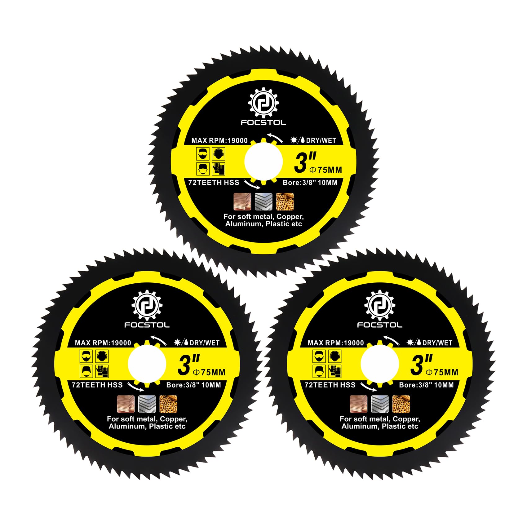 FOCSTOL HSS Metal Saw Blade - 3pcs 75mm Cutting Disc for Soft Metal Copper Aluminium for Angle Grinder Arbor 10mm
