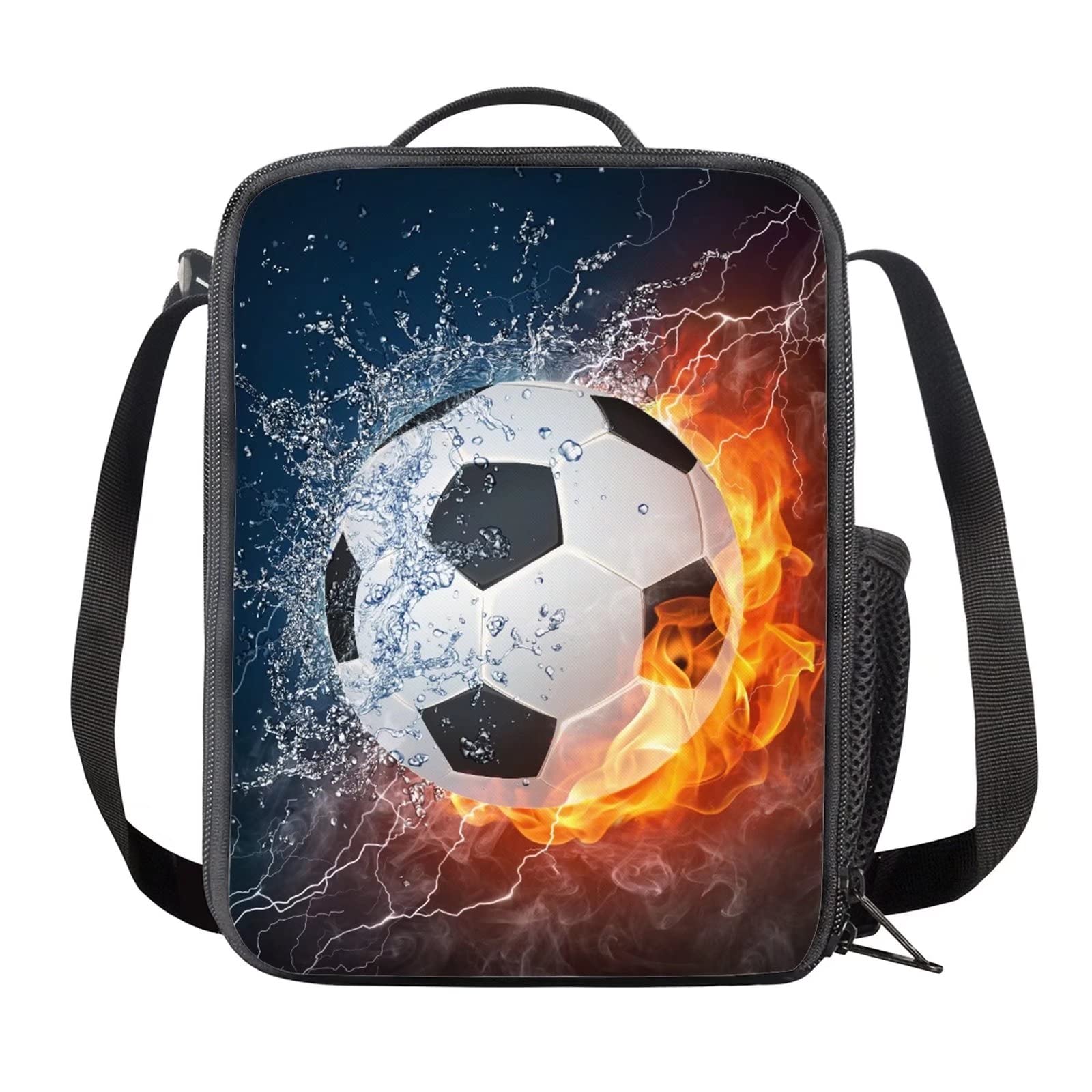 STUOARTE Ice Fire Soccer Football Print Lunch Bags Kids Boys Portable Insulated Cooler Bags for School Picnic Outdoor Camping