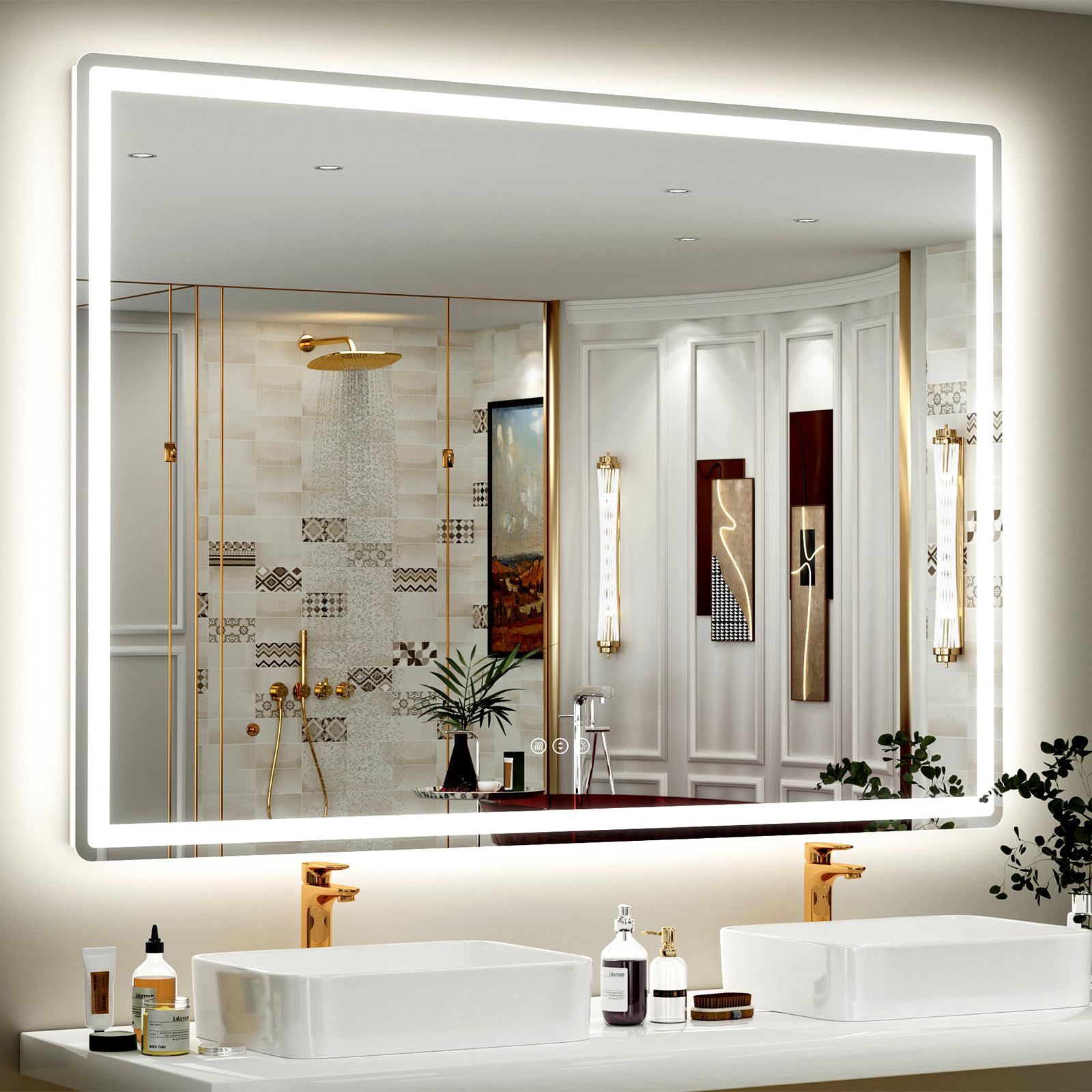 Photo 1 of SMIROR LED Bathroom Mirror with Lights 55"x 40", Rounded Rectangle Lighted Vanity Mirror for Wall, Front Lit and Backlit, 3 Colors, Dimmable, Anti-Fog, Tempered Glass (Horizontally/Vertically)