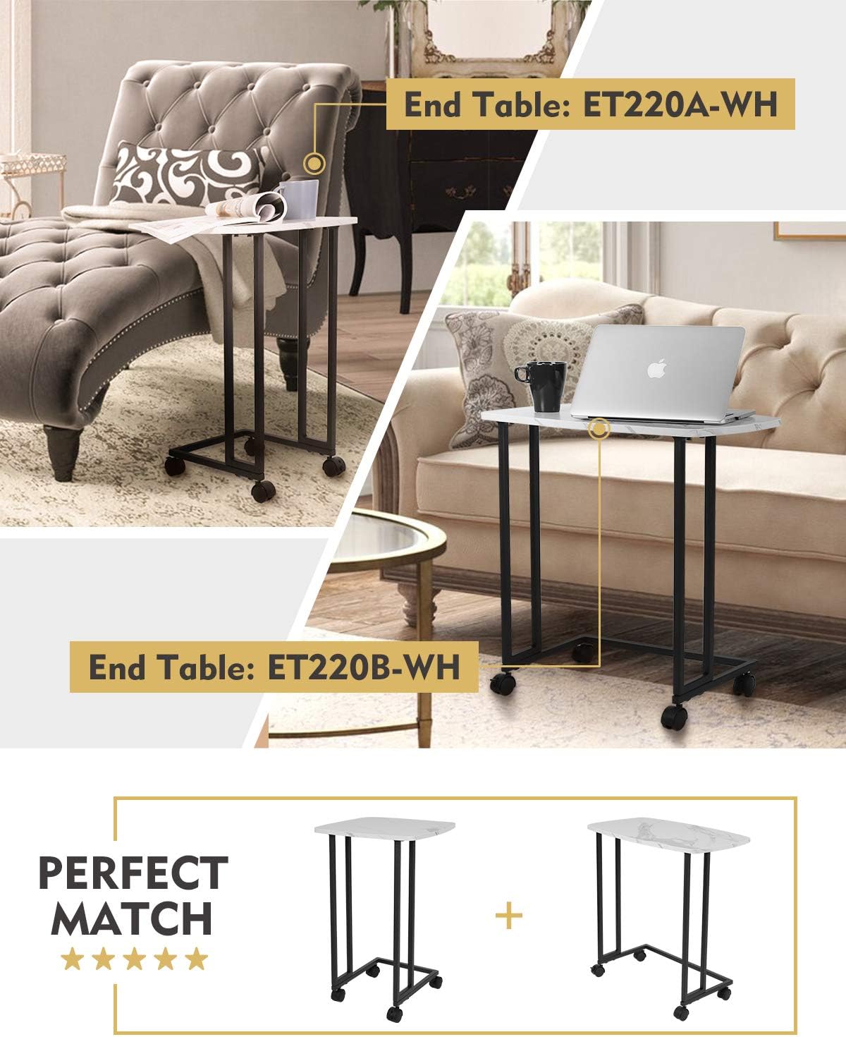 Moncot Side Table, Mobile Sofa End Table, Accent C Table,TV Tray with Detachable Wheels,Slides into Couch for Small Space,Living Room, Bedroom, MDF Table Top with White Marble Texture, ET220A-WH: Kitchen & Dining
