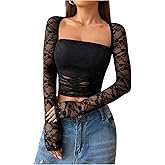 RoseSeek Women's Lace Sheer Mesh Ruched T Shirt Square Neck Long Sleeve Slim Fit Crop Tops