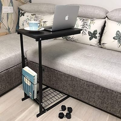 micoe Sofa Side Table with Wheels, Adjustable C Table, Black