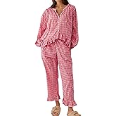 Arssm Womens Gingham Pajama Set 2 Piece Plaid Button Down Long Sleeve Shirt and Pants Pjs Lounge Set Outfits