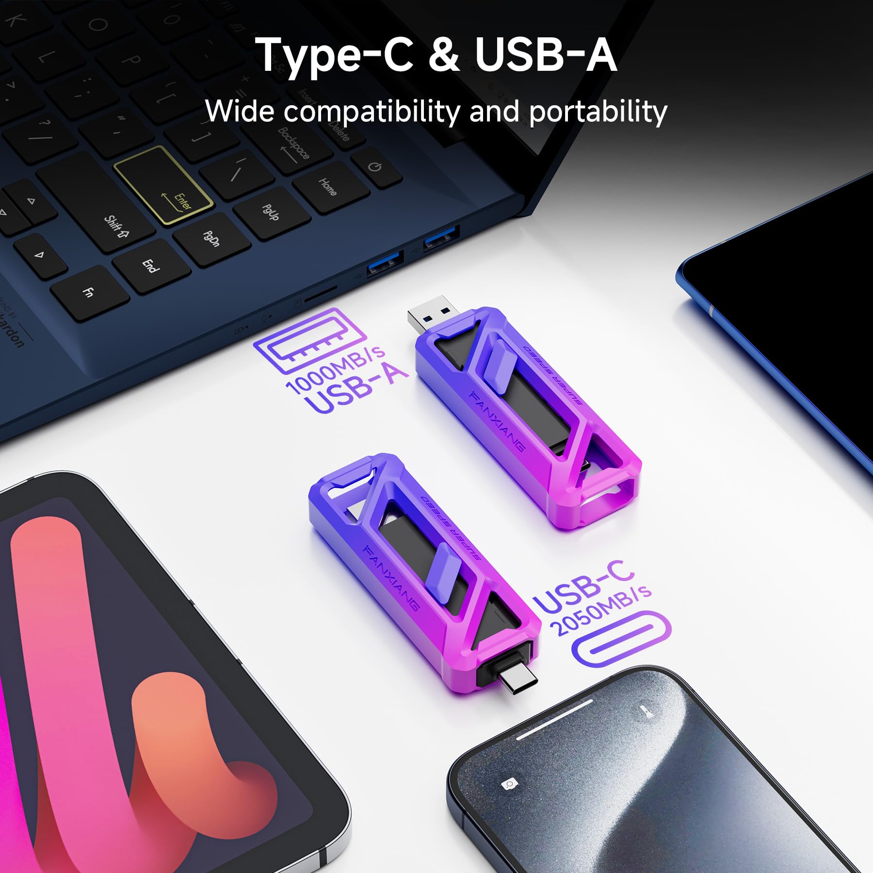 Flash Drive 2TB, Up to 2050MB/s USB 3.2 Gen2×2, USB Drive with USB A + Type C, 2-in-1 USB Memory Stick Thumb Drive for iPhone/Android/Windows/MacPC/Laptops, FF958