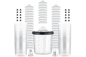 AEROPRO TOOLS Disposable Paint Cups Liners and Lid System, 50 Pack 22 Ounce (650ml) Kit for Spray Gun - 50 Liners, 50 Lids With Strainer, 1 Hard Cup With Retainer Ring, 20 Plugs, 2 Adapters