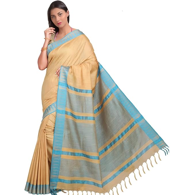 For Womens Bhagalpuri Kota Silk Golden Saree With Plain Temple Border Running Blouse Piece