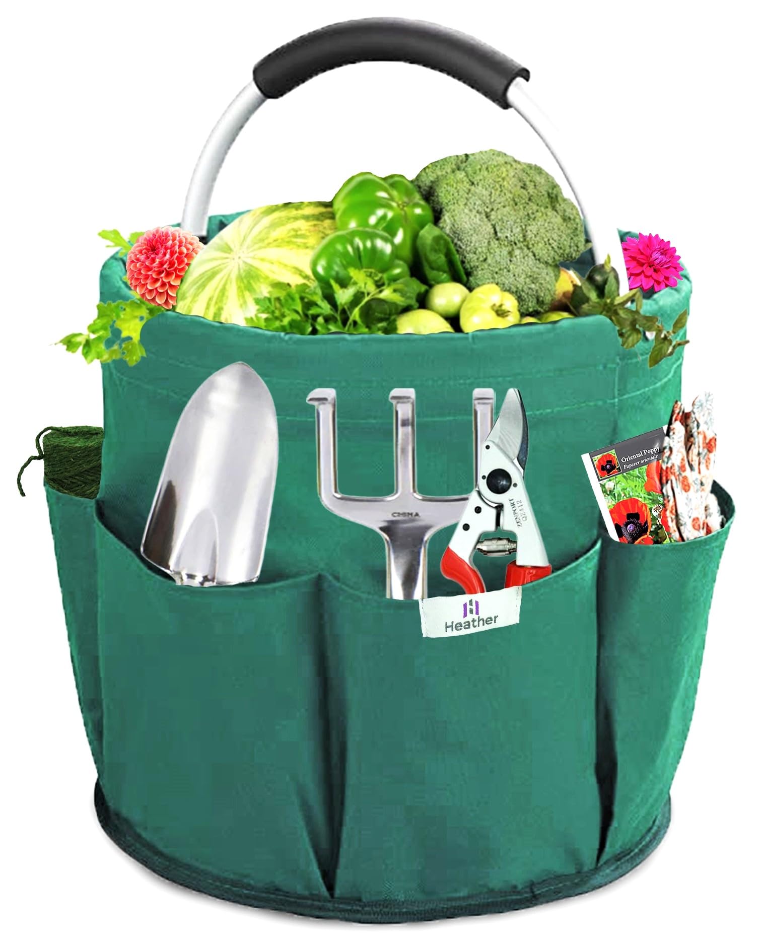 Heather UK Cleaning Collapsible Bucket Organiser Caddy Cushioned Bag for Garden Storage Organiser. Gardening Tools Basket Caddy with Handle Buckets for Storage Soft Grip (Green)