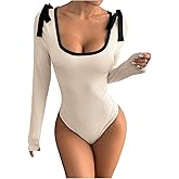 Verdusa Women's Bowknot Bodycon Bodysuit Ribbed Leotard Tops Early Fall Fashion