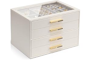 Vlando Jewelry Box with Glass Lid,Jewelry Organizer with 4 Drawers,4-Layer Jewelry Box for Women Girls,Gift for Loved Ones,Be
