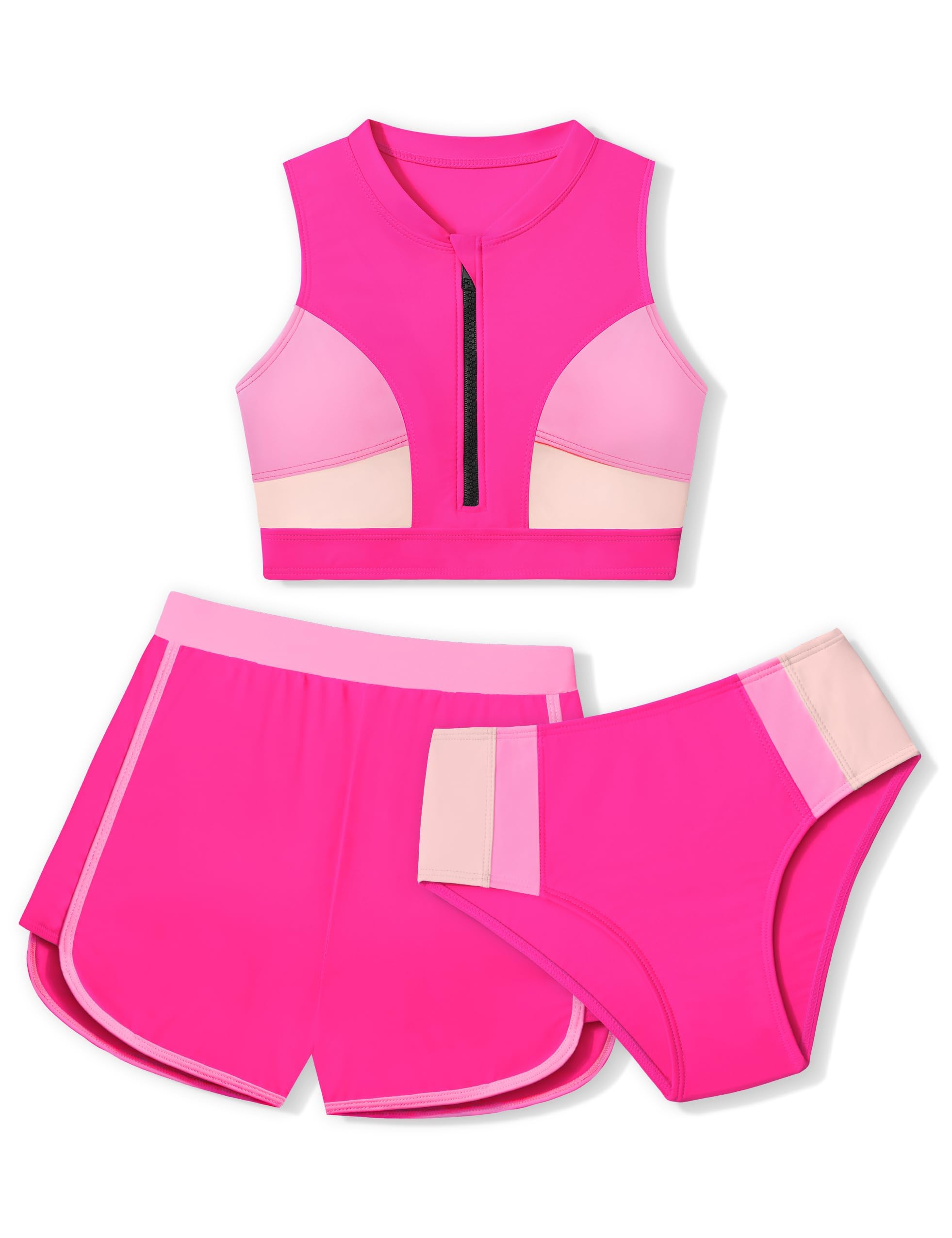 Photo 1 of AGAPENG Girls Swimsuit Size 8-10 Girls Bathing Suit Color Block Zipper Front 3 Piece Bikini Set with Shorts Bathing Suits Sporty Swimwear 9-10 Hot Pink