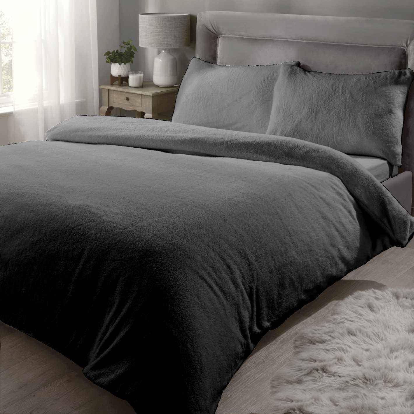 Rapport Teddy Bear Luxurious Super Soft Warm Duvet Quilt Duvet Cover Bed Set, Charcoal, Double