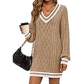 Saodimallsu Womens Cable Knit Mini Sweater Dress V Neck Long Sleeve Preppy Color Block Pullover Tunic Sweaters
