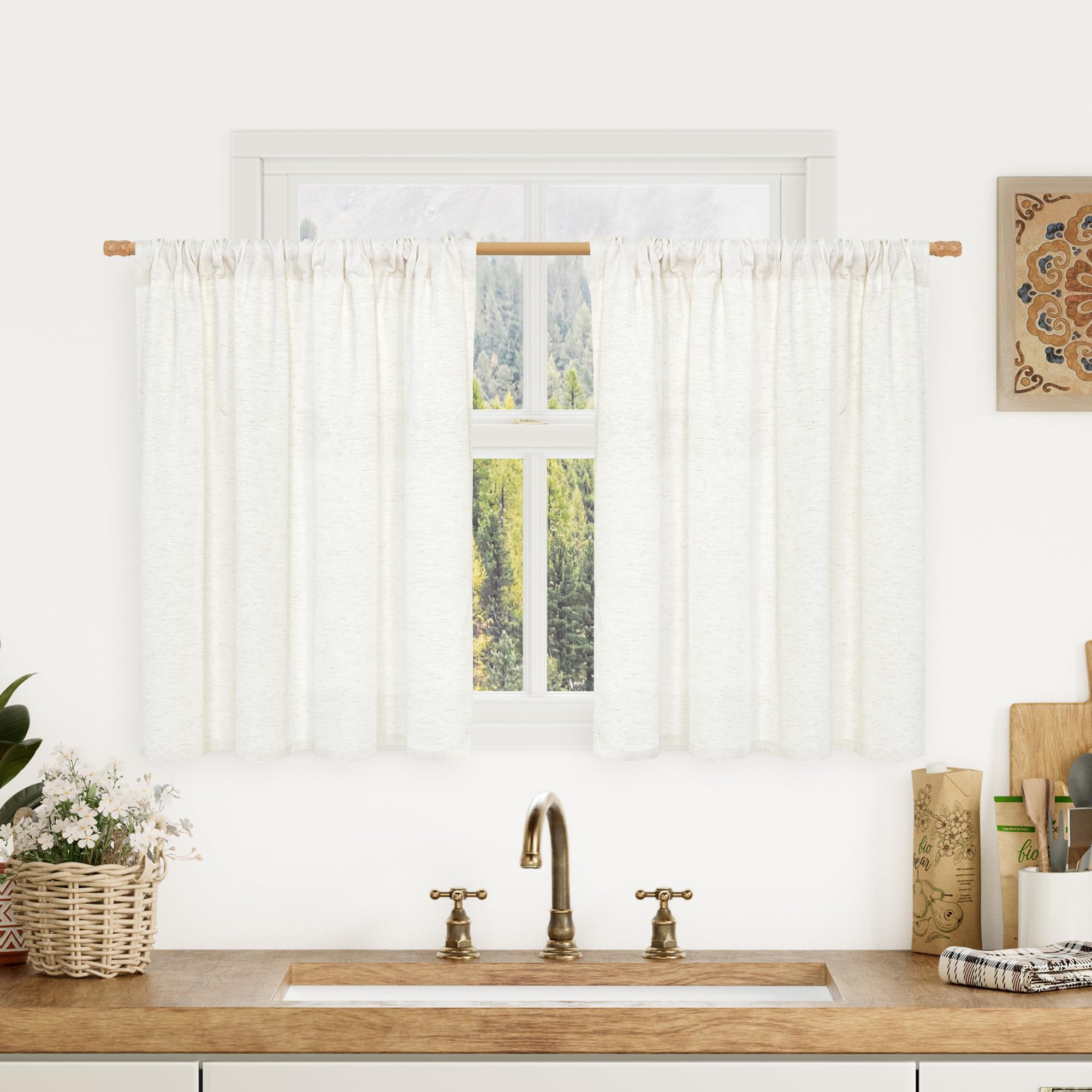 Photo 1 of LAMIT 30 Inch Length Linen Curtains for Kitchen Cafe, Ivory Linen Textured Panels Light Filtering Rod Pocket Semi Sheer Privacy Drapes for RV Basement/Small Windows, 2 Panels, 42 x 30 Inch, Natural