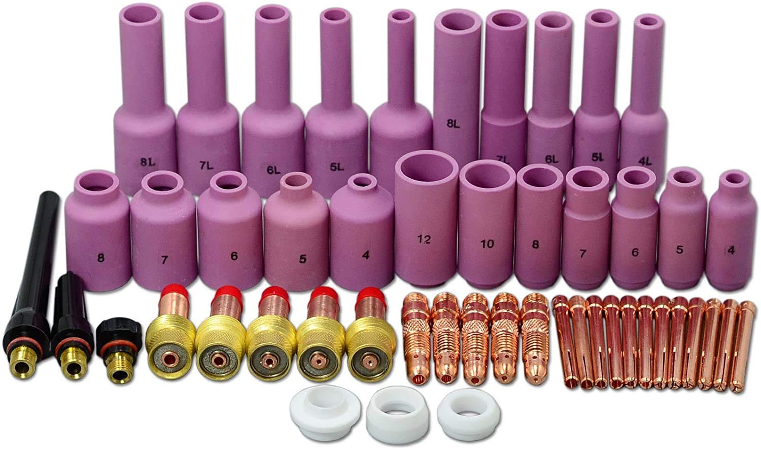 RIVERWELD TIG Gas Lens Collet Bodies 10N 45V Series Large Diameter Long Alumina Nozzle Ceramic Cups 10N 54N Series Assorted Size Kit Fit QQ300 PTA DB SR WP 17 18 26 TIG Welding Torch 50pcs