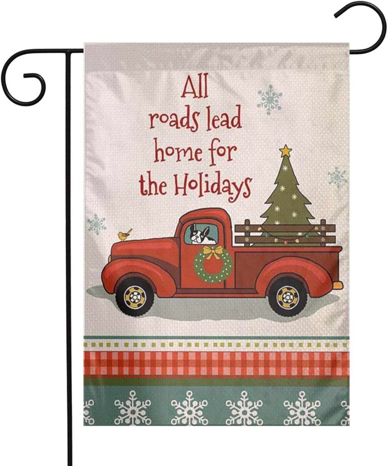 SUMILUOCHEN Burlap Garden Flag, Holiday Road for Red Car House Yard Flag, Welcome to Our Home Xmas Flag 12.5 x 18 inch for Holiday Home Decor