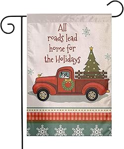 SUMILUOCHEN Burlap Garden Flag, Holiday Road for Red Car House Yard Flag, Welcome to Our Home Xmas Flag 12.5 x 18 inch for Holiday Home Decor