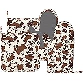 MENGFEISI Cowhide Oven Mitts and Pot Holders Sets for Kitchen Silicone Brown Beige Cow Print Oven Gloves Heat Resistant Farmhouse Oven Mitts with 2 Non-Slip Pads Kitchen Gloves for Cooking