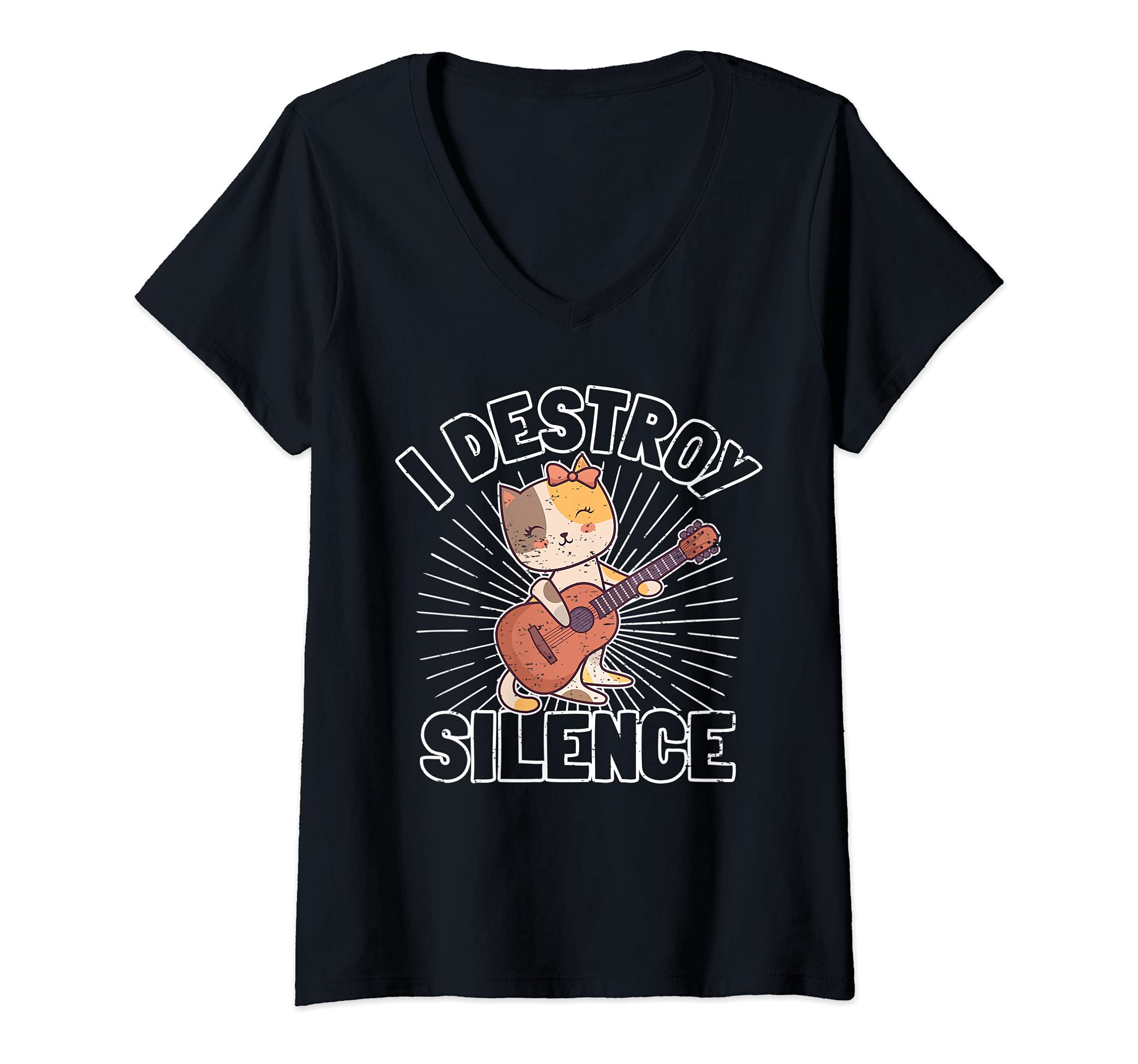 Womens Cute Kitten Guitar Player Sweet Cat Guitarist Saying V-Neck T-Shirt