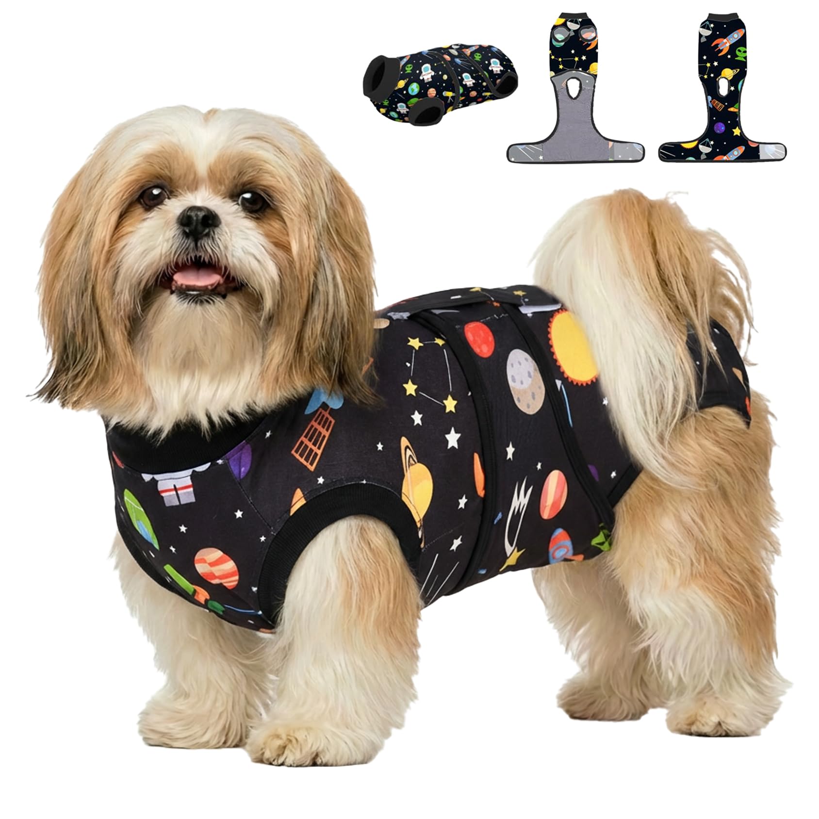 PetWarm After Surgery Onesie for Dogs, Clothes for Dogs, Anti-Licking Dog Surgery Suit Female Spay, Dog Bodysuit for Abdominal Affected Areas Sensitive Skin Areas, Satellite Pattern, Black, XS
