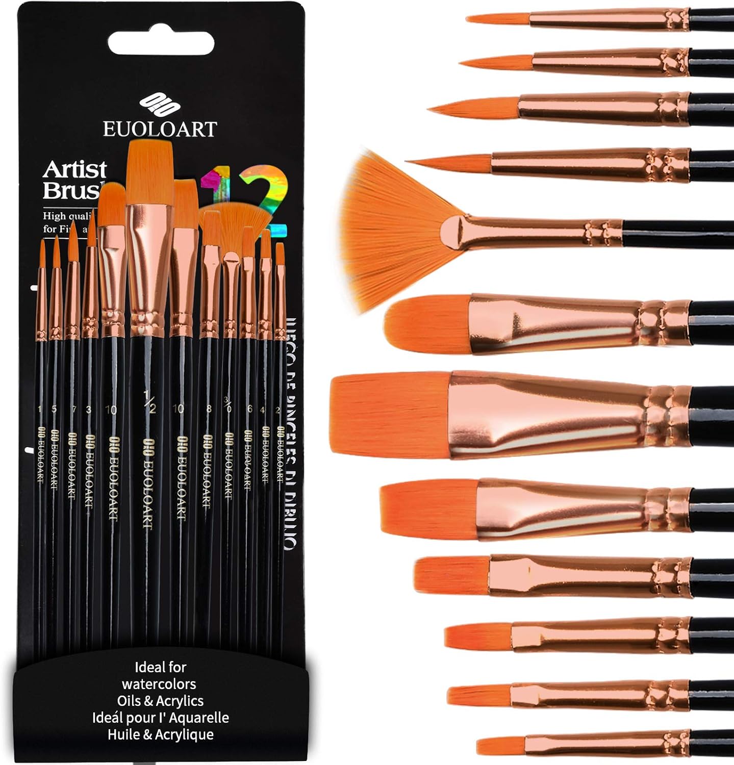 Paint Brushes for Watercolor Acrylic & Oil Paintings, Professional Artist Painting Brush Set for Kids Adults (12Pcs)