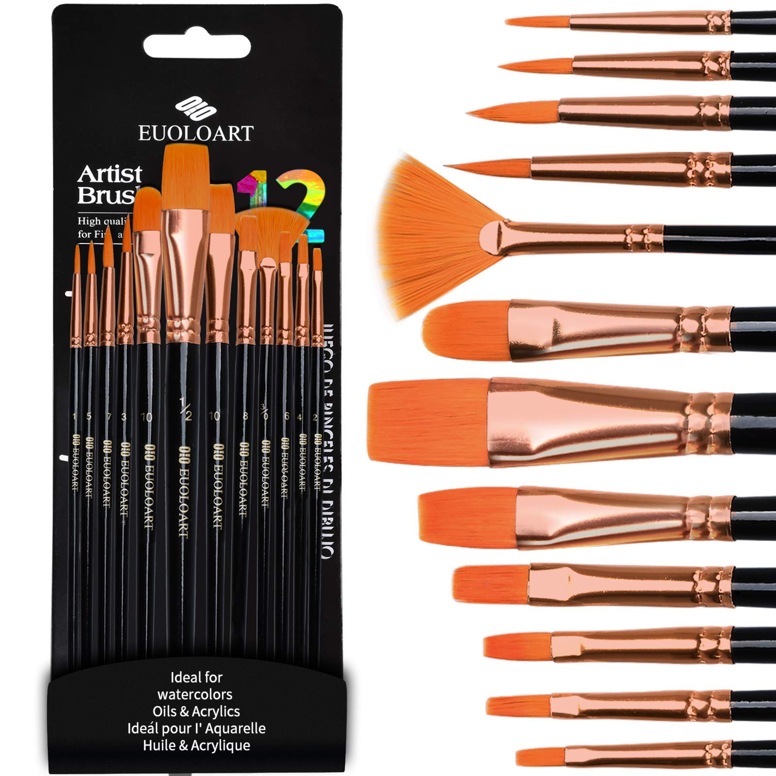 Paint Brushes for Watercolor, Acrylic & Oil Paintings, Professional Artist Painting Brush Set for Kids Adults (12Pcs)