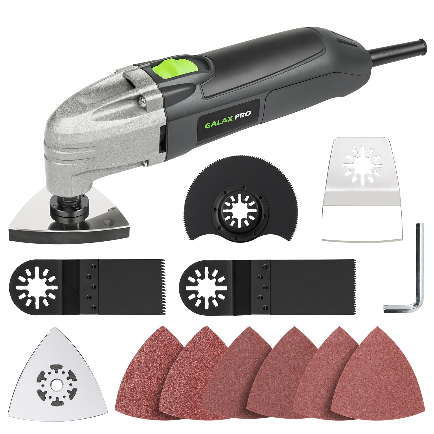 GALAX PRO 180W Oscillating Multi Tool, 22000 OPM,3 Degree Oscillating Angle with 3 Pieces Saw Blades, 1 Piece Semi Circle Blade Sanding Plate, 6 Pieces Sanding Papers for Sanding, Grinding