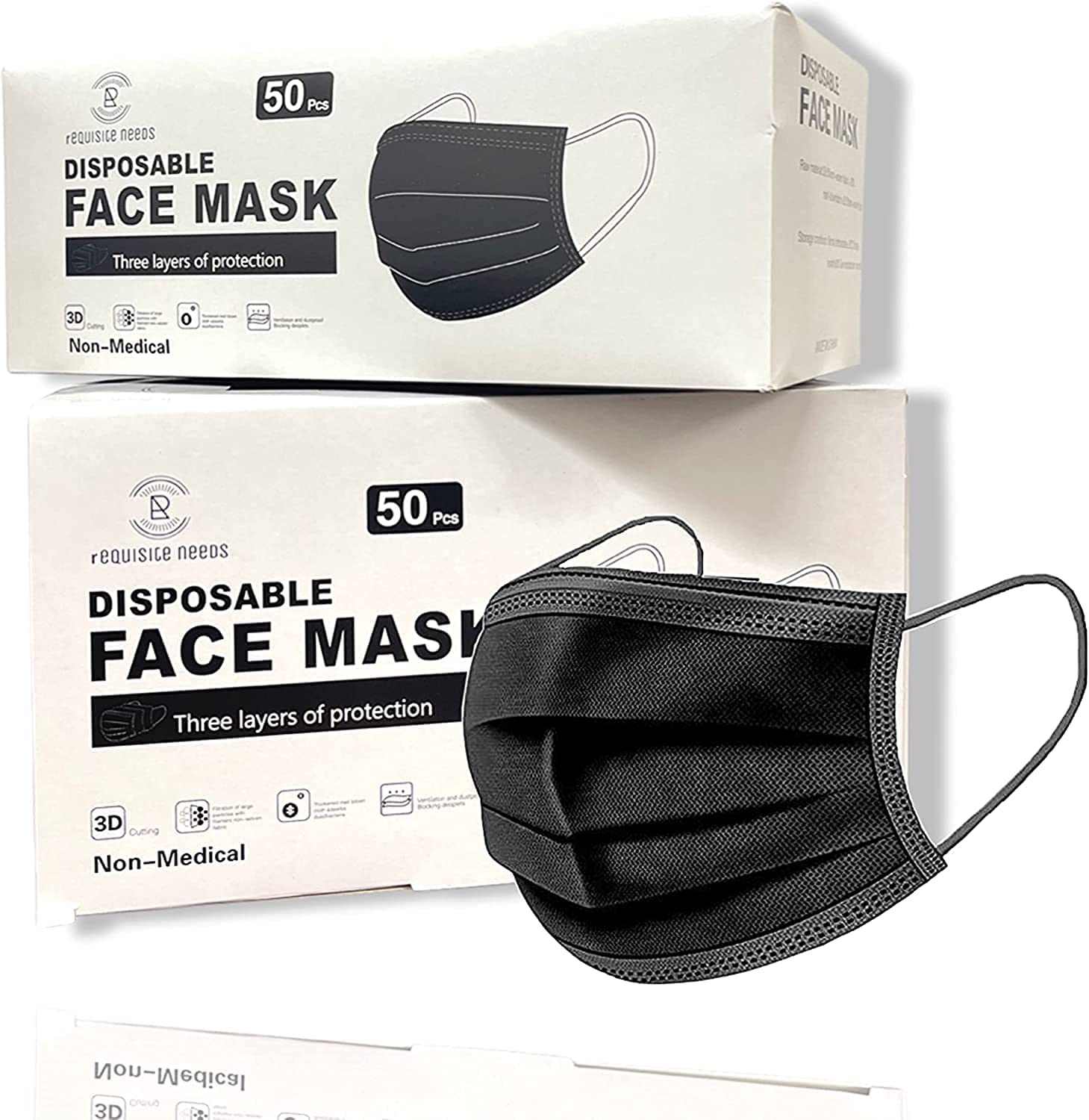 REQUISITE NEEDS 100 Face Mask Black Disposable for Adults, Disposable Breathable Face Coverings, Face Masks Breathable,3 Layer Face Masks Suitable For Sensitive Skin (Black)
