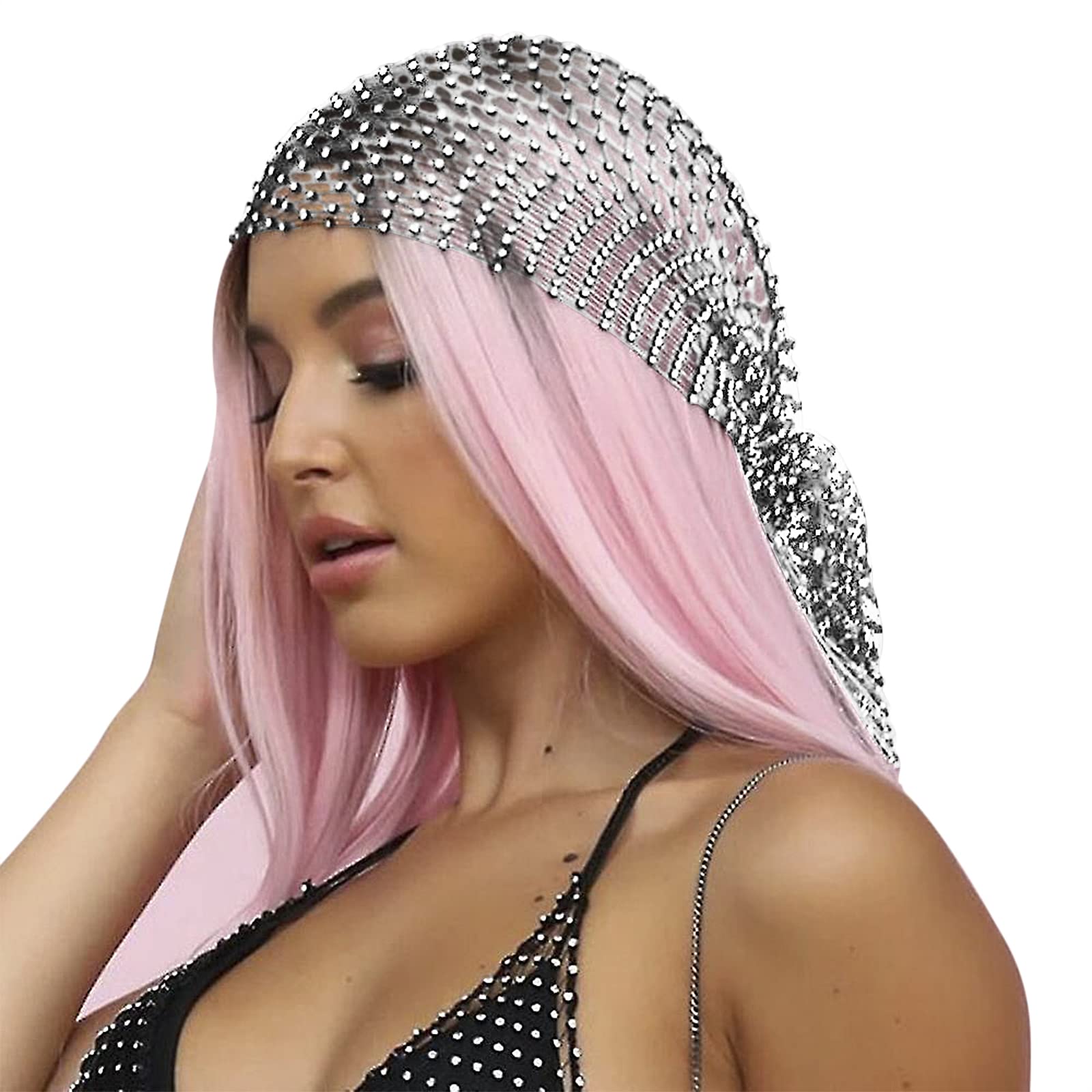 Sparkly Rhinestone Mesh Headband Glitter Crystal Headscarf for Women Girls Wide Elastic Nightclub Hair Wrap Fishnet Party Headband Rave Hair Accessories Costume Head Covering