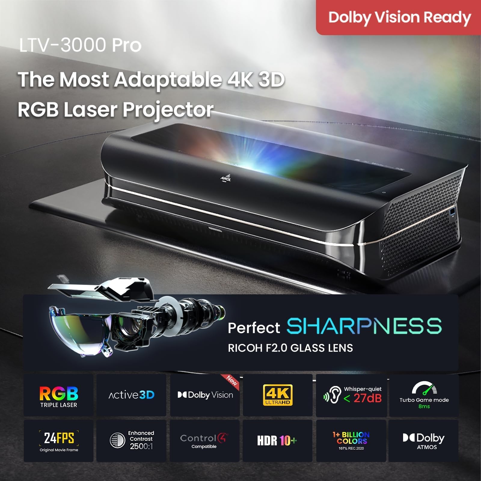 AWOL VISION LTV-3000 Pro 4K 3D Ultra Short Throw Triple Laser Projector, Dolby Vision & Atmos, HDR10+, 150