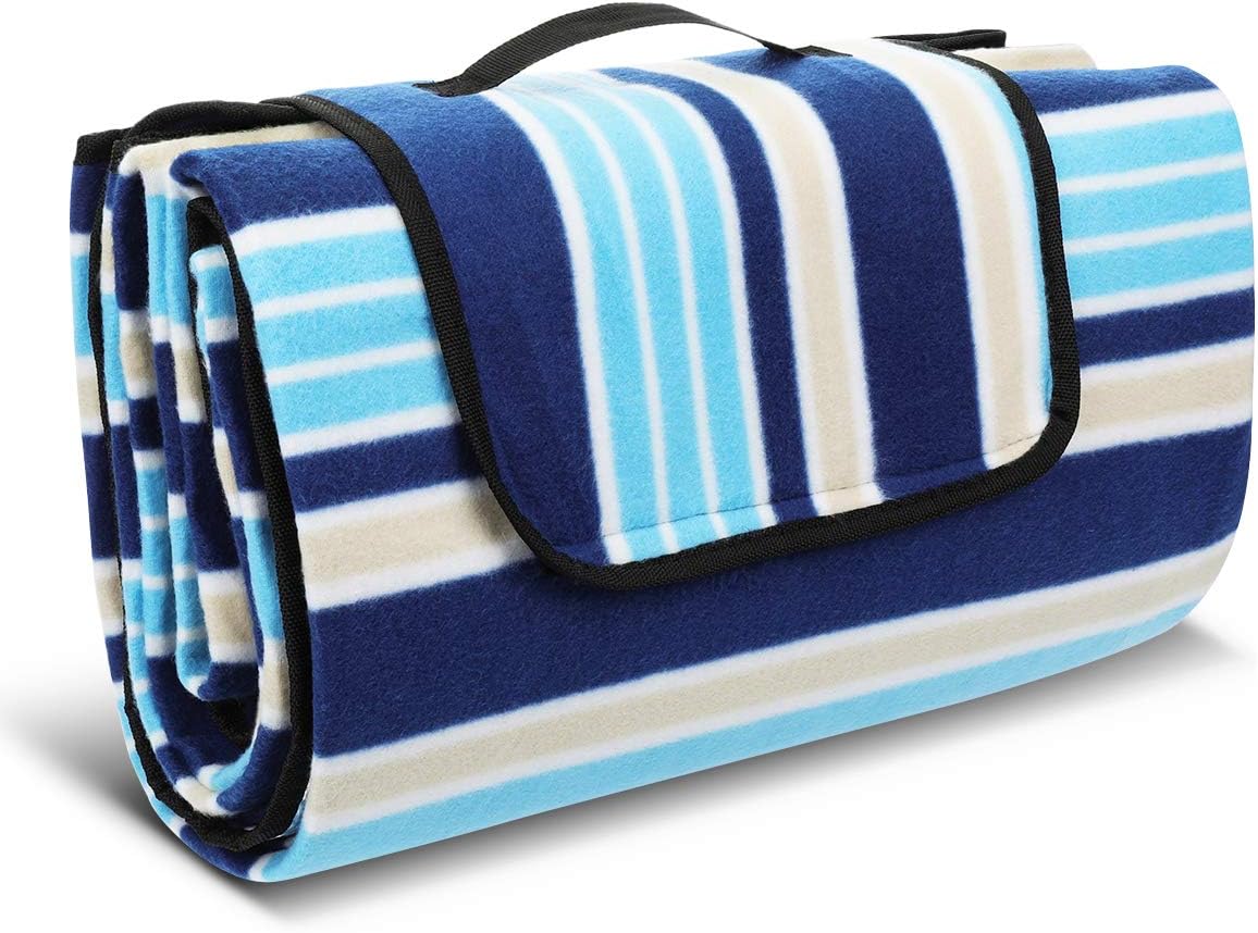 CAMTOA Picnic Blanket, XXX-Large Beach Mat with Waterproof Backing 80X80'' (200X200CM), Portable Folding Moistureproof Handy Mat, Beach Rug Mat For Festivals,Outdoors & Indoors - Blue & White Stripe