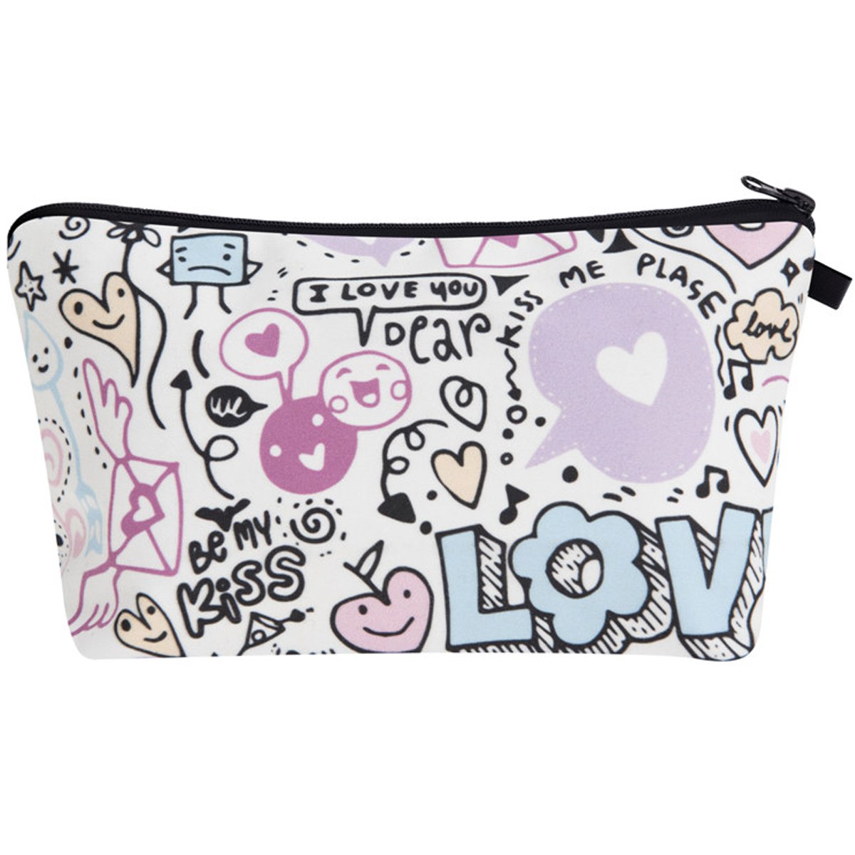PREMYO Make-Up Pouch Cosmetic Bag Toiletry All Over Printed Design Love Doodle Fits in Handbag Ideal for Essentials Traveling Suitable as Pencil Case