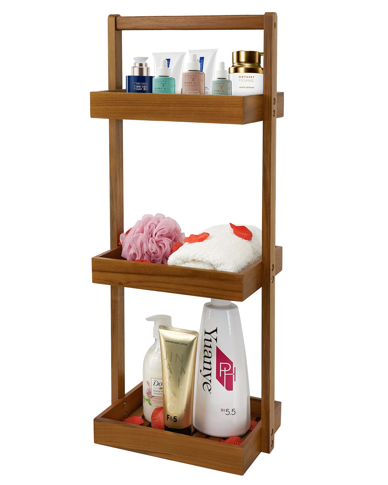 Utoplike Teak Shower Caddy Corner, 3 Tier Standing Organiser Shelf with Handle, Wooden Basket for Shampoo, towel in Bathroom, Livingroom, Office, Kitchen Desktop