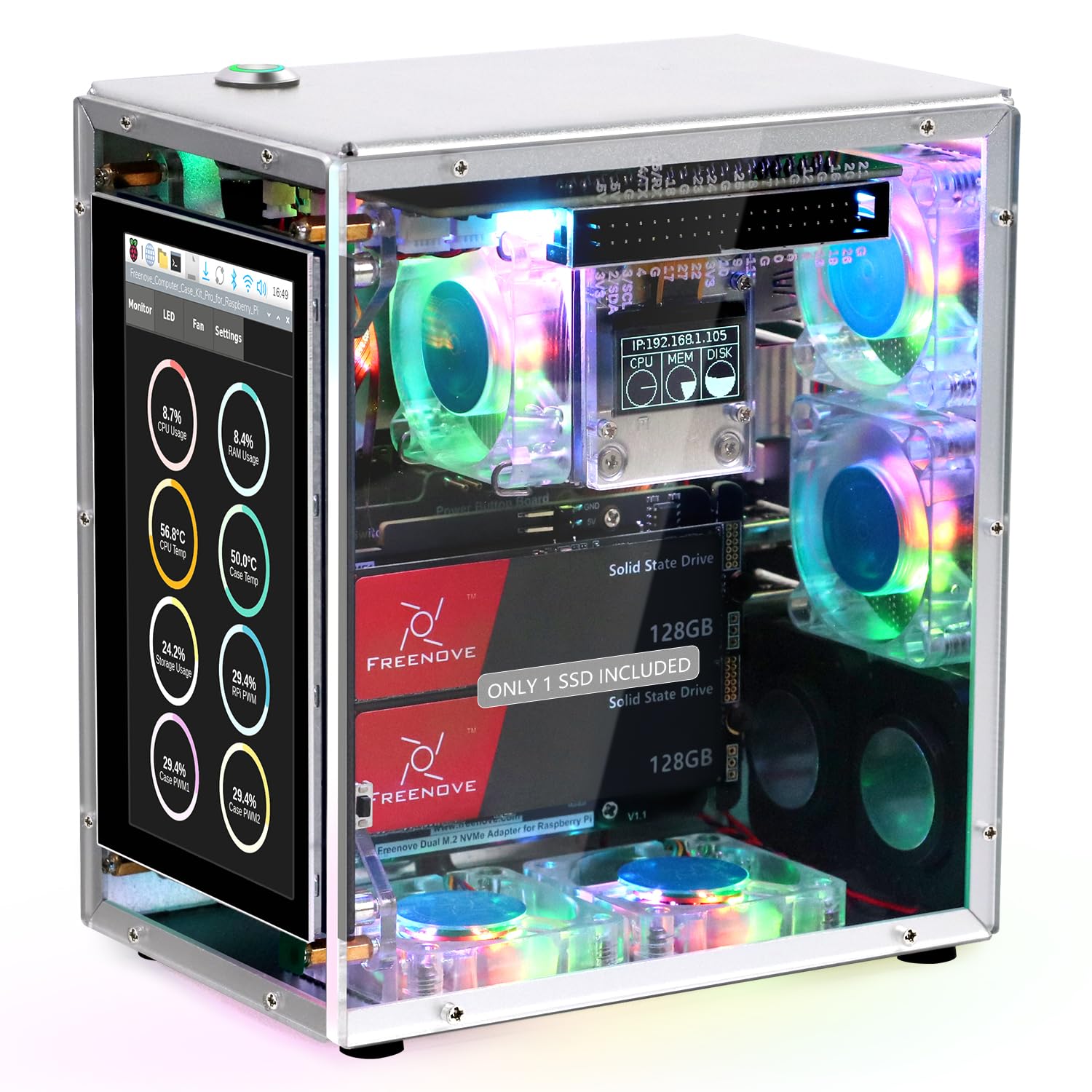 Photo 1 of FREENOVE Raspberry Pi 5 Case Kit Pro (with 1x 128GB SSD), Dual M.2 NVMe SSD Slots, 5 PWM ARGB Fans Light Sync, CPU Tower Cooler, 4.3" Touchscreen, Stereo Speakers, 3.5 mm Audio