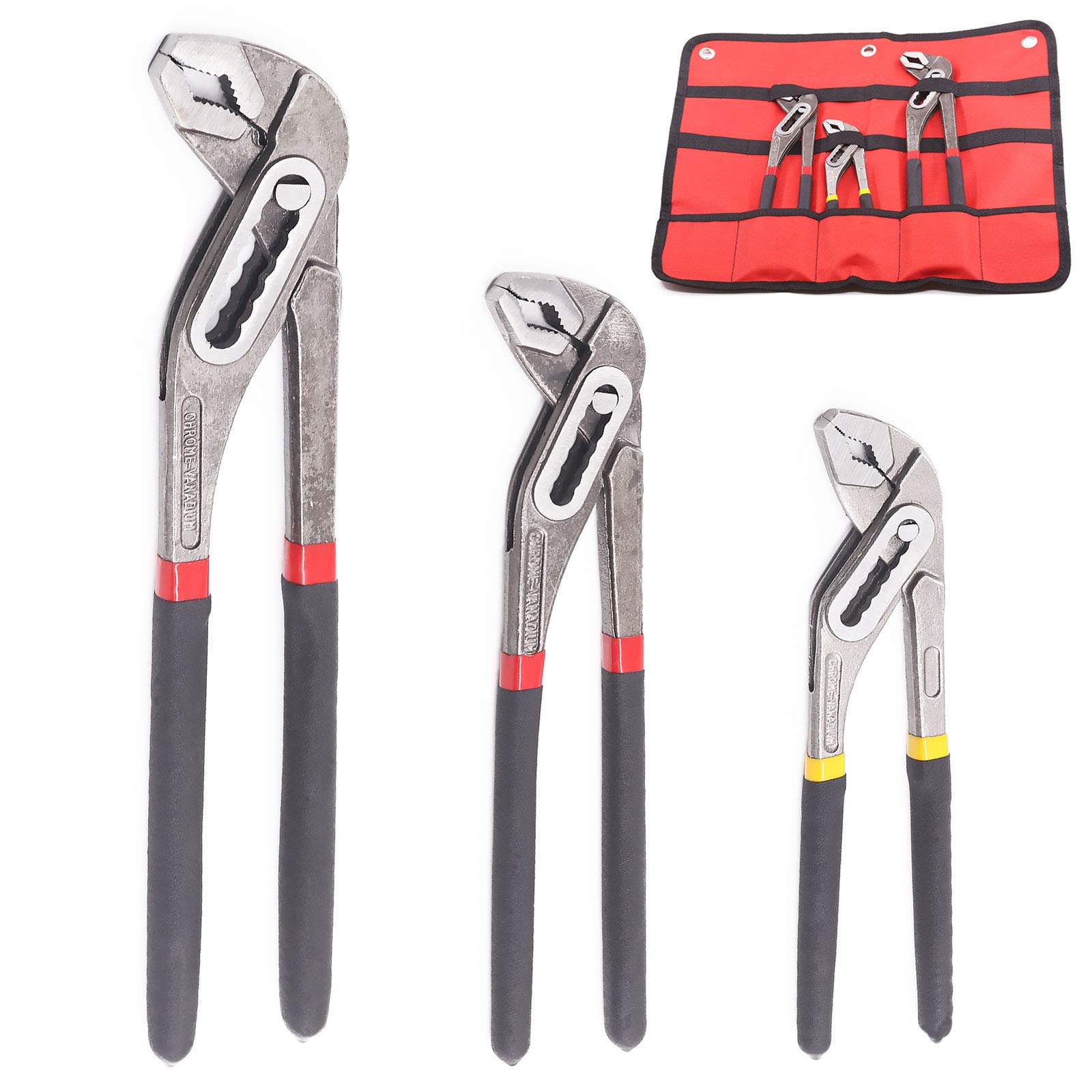 Swpeet Tongue and Groove Plier Set, 8, 10, and 12 Inch Adjustable Alligator Water Pump Pliers with Quick-Release and Straight Jaw, Includes Storage Bag for Home Repair Pipe