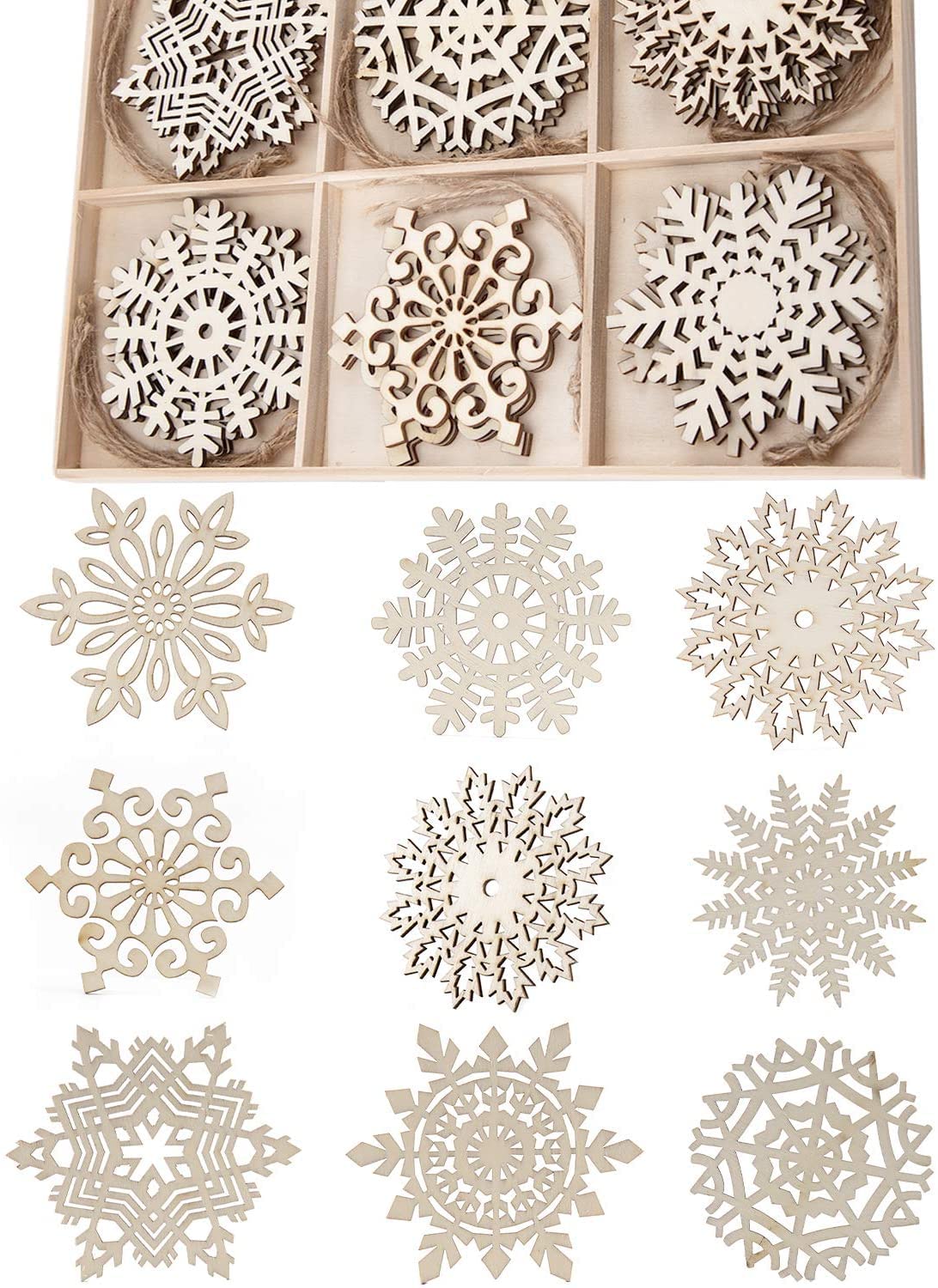 SAVITA 27Pcs Wooden Snowflakes Ornaments Hanging Cutout Embellishment for Christmas Tree Decor 9.3cm/4inch