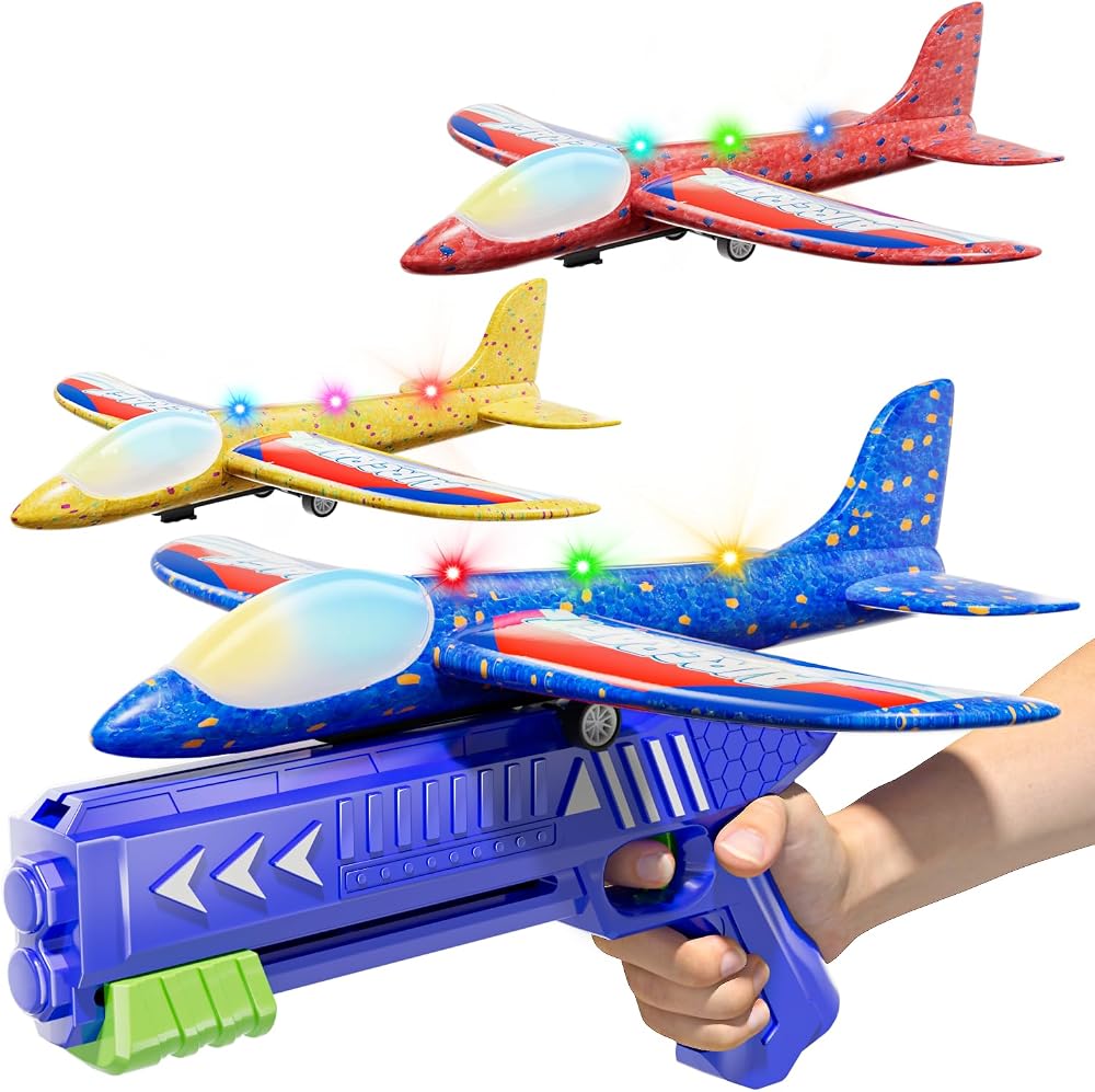 Doloowee 3 Pack Airplane Launcher Toys LED Foam Glider 12.6 in Blue