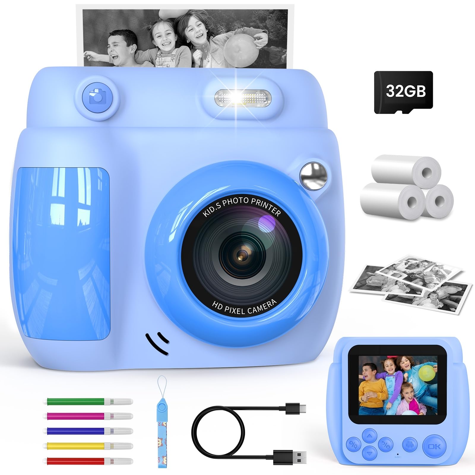 Gofunly Kids Camera Instant Print, 1080P 2.4'' Digital Camera for Kids with 32GB Card & 3 Rolls Print Paper, Birthday Gifts Toys for Boys Girls Ages 3-12,Blue