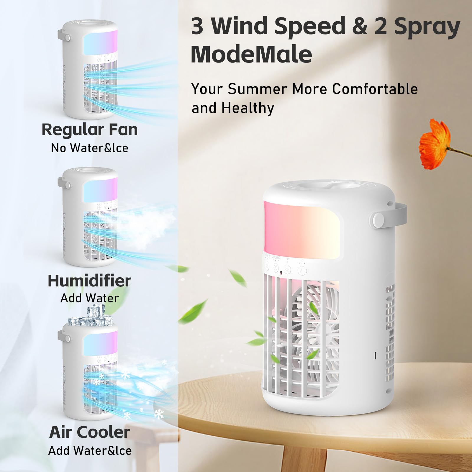 Portable Air Conditioner, 2025 Upgraded 4-IN-1 Ultra-Quiet Design Portable AC Unit with 2 Cool Mist & Speeds1500ml Remote Control Air Conditioner Evaporative for Home,Office,Bedroom, Camping
