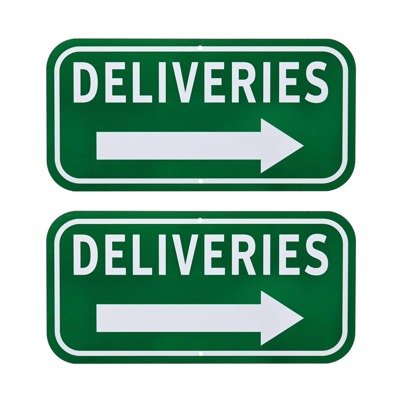 M METERXITY 2-Pack Deliveries Sign with Right Arrow, 12" x 6" Rust Free Aluminum Front Door Sign Deliveries Instructions for Package for Home/Office [White on Green]