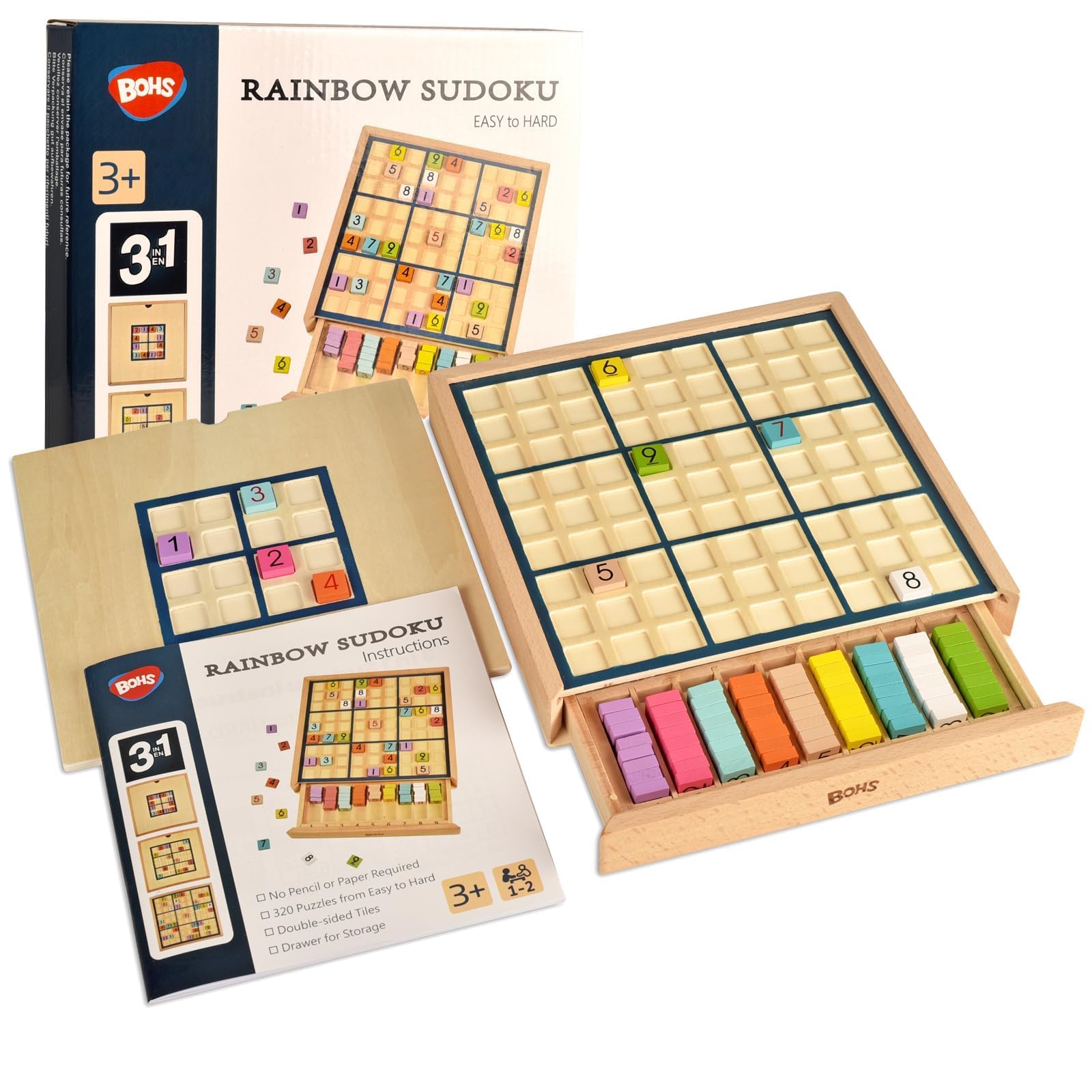 BOHS Wooden Rainbow Sudoku for Kids - 3 in 1 Easy to Hard - with Book of 320 Sudoku Puzzles - Desktop Brain Teaser Game Toys