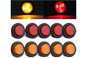 JAMARCO 10Pcs 2 Inch Round LED Side Marker Clearance Lights for Trailers, 5 Amber and 5 Red Sealed 2 Round LED Trailer Marker Lights 4 LEDs w/Rubber Grommet Flush Mount 2 Wire Pigtails Truck RV Waterproof