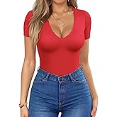 HOTOUCH Deep V Neck Tops for Women Sexy Low Cut Summer Ribbed Knit T Shirts Slim Fit Stretchy Basic Fashion Tee