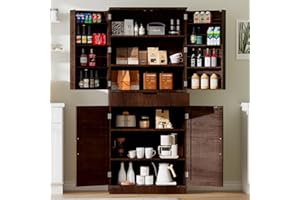 GRUSIGN 72" Tall Storage Cabinet, Kitchen Pantry Cabinet with Adjustable Shelves & Sturdy Steel Frame, Farmhouse Pantry Storage with 4 Barn Doors for Kitchen, Dining Room, and Living Room, Dark Grey