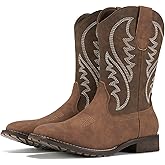 Rollda Cowboy Boots for Men Western Boots Men's Square Toe Chunky Heel Mid-Calf Boots Classic Embroidered Pull On Boots Dark Brown Size 10.5