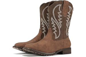 Rollda Cowboy Boots for Men Western Boots Men's Square Toe Chunky Heel Mid-Calf Boots Classic Embroidered Pull On Boots