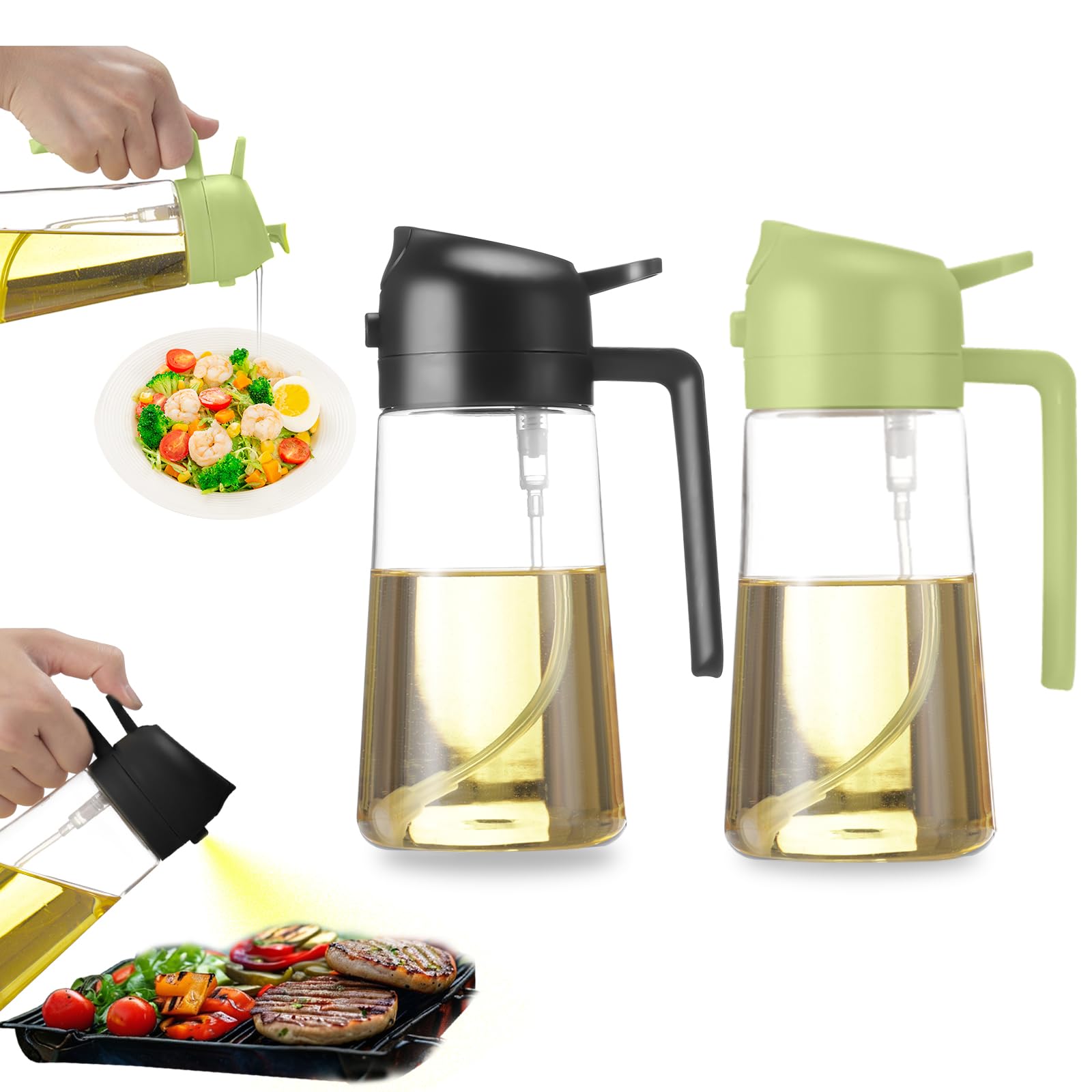 2-in-1 Oil Dispenser and Sprayer, Kitchen Gadgets, Olive Oil Dispenser Bottle with Anti-Drip Spout, Oil Sprayer, For Salads, Air Fryer, Frying, Barbecu Black+Green 470M (2PCS)