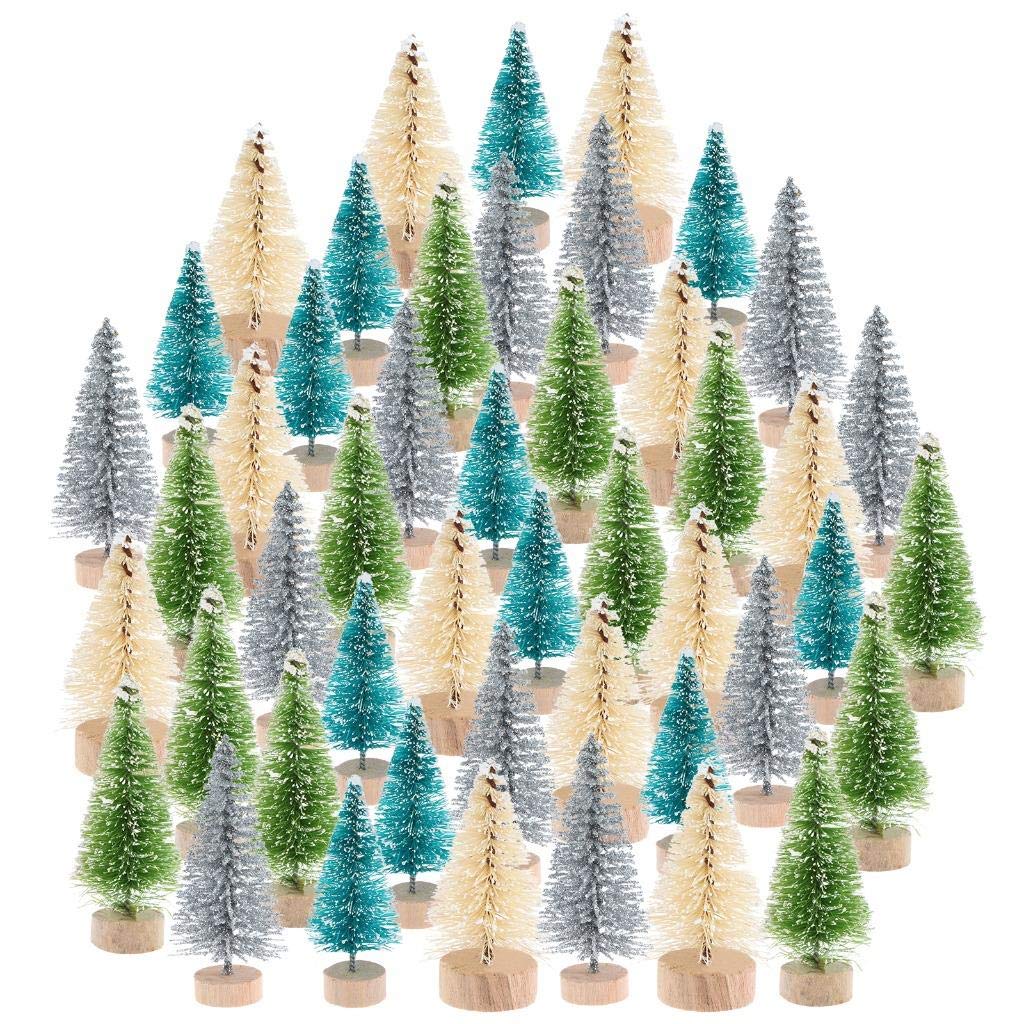 Peerless 48Pcs Mini Christmas Pine Trees with Wood Base Artificial Sisal Trees Bottle Brush Trees for Winter Snow Miniature Scenes DIY Christmas Crafts Xmas Home Desk Tabletop Decor